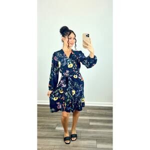 Armor Vert Elma Wrap Midi Dress Provence Floral in Navy Large Long Sleeve Silk